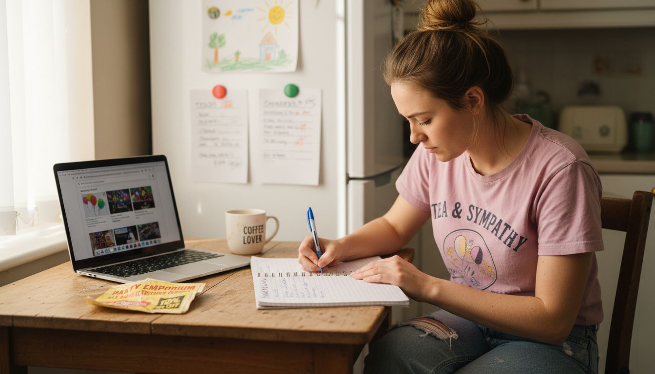 Woman creating party budget at kitchen table
