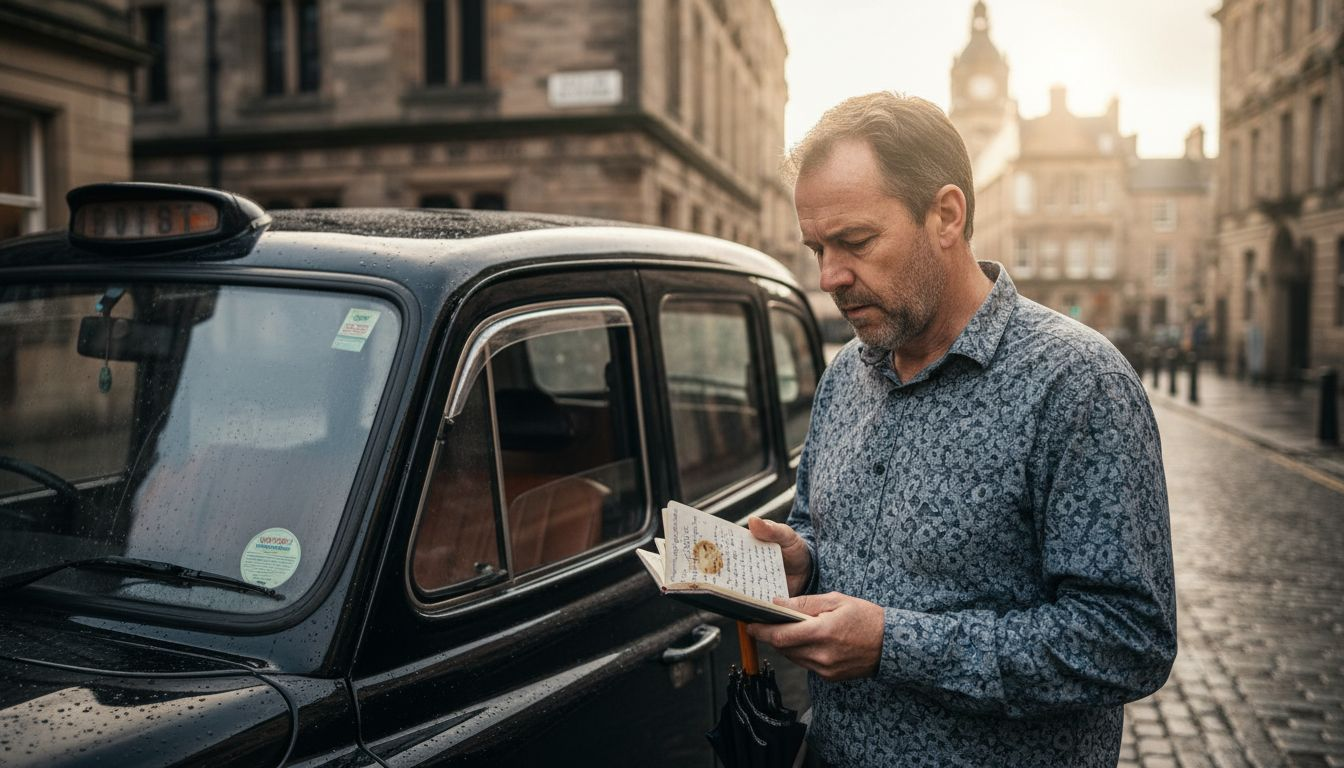Un taxista se alista para comenzar su jornada en una calle de Edimburgo al amanecer.