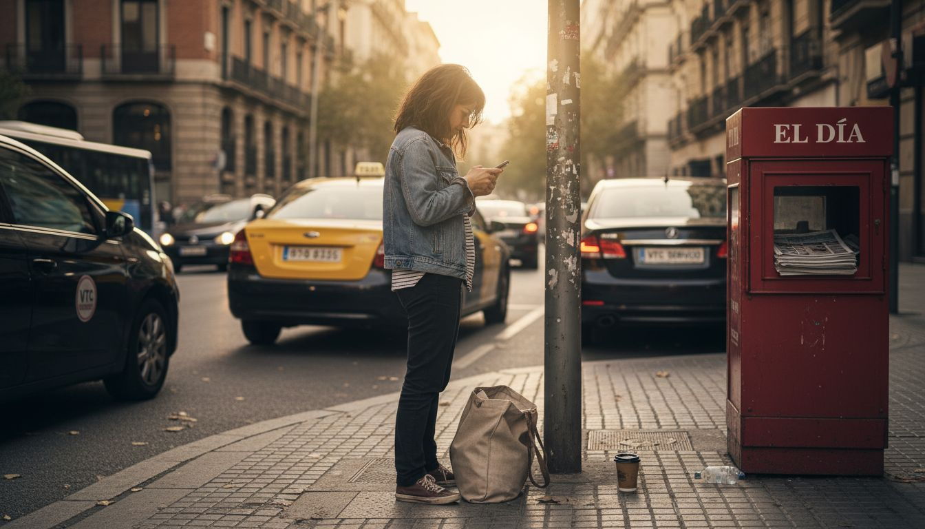 Mujer esperando en la calle a que llegue su taxi o coche de VTC