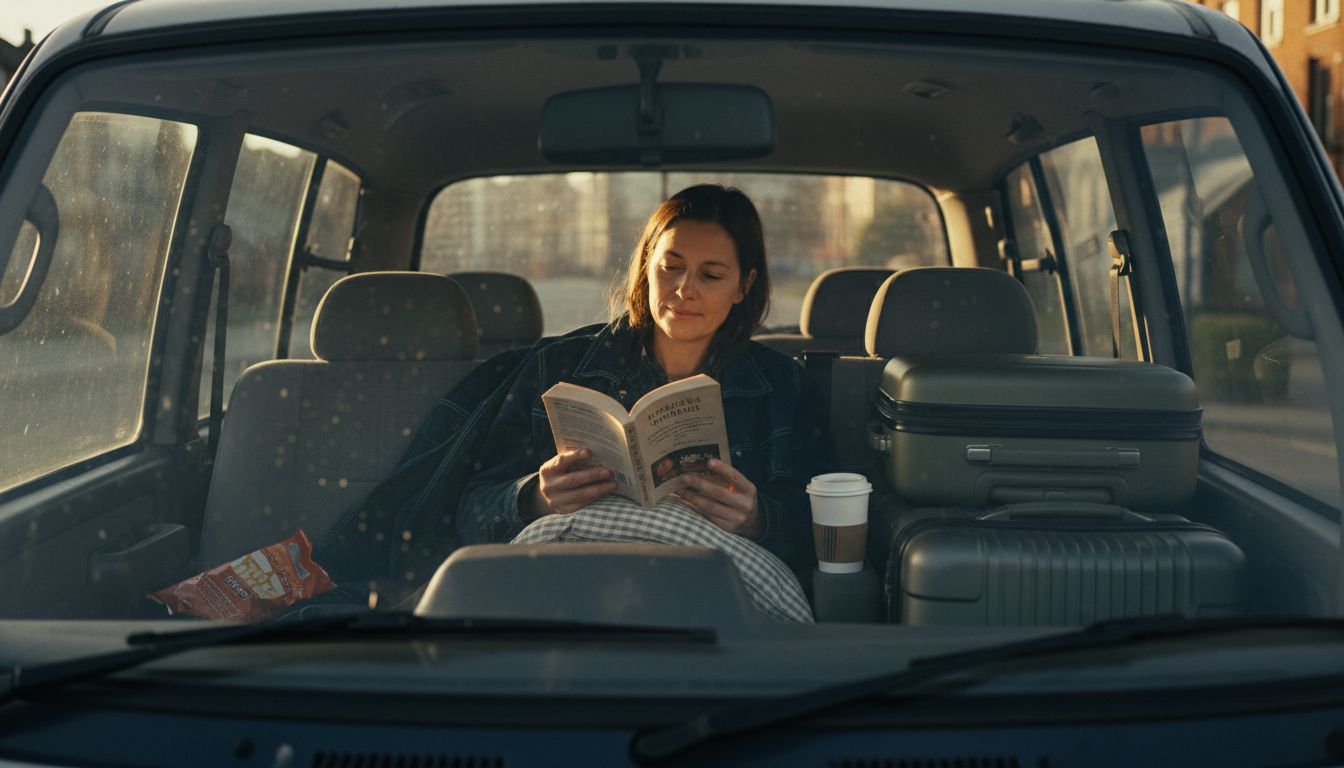 Passenger relaxing in taxi on long trip