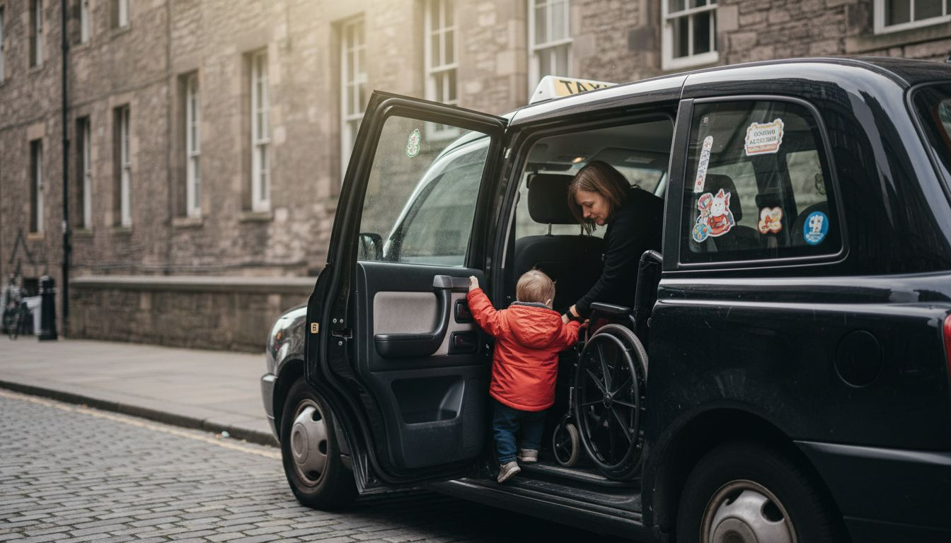 Interior de un taxi adaptado mientras una familia sube cómodamente