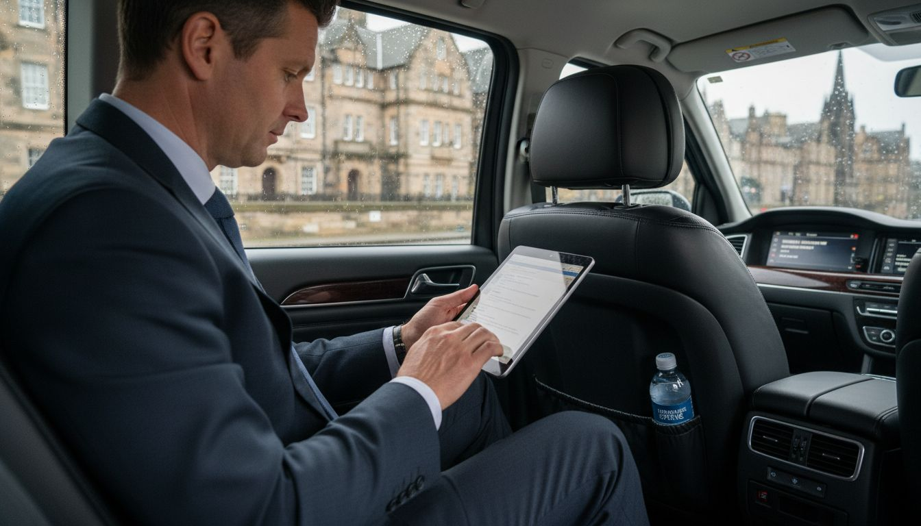 Luxury taxi interior with business passenger