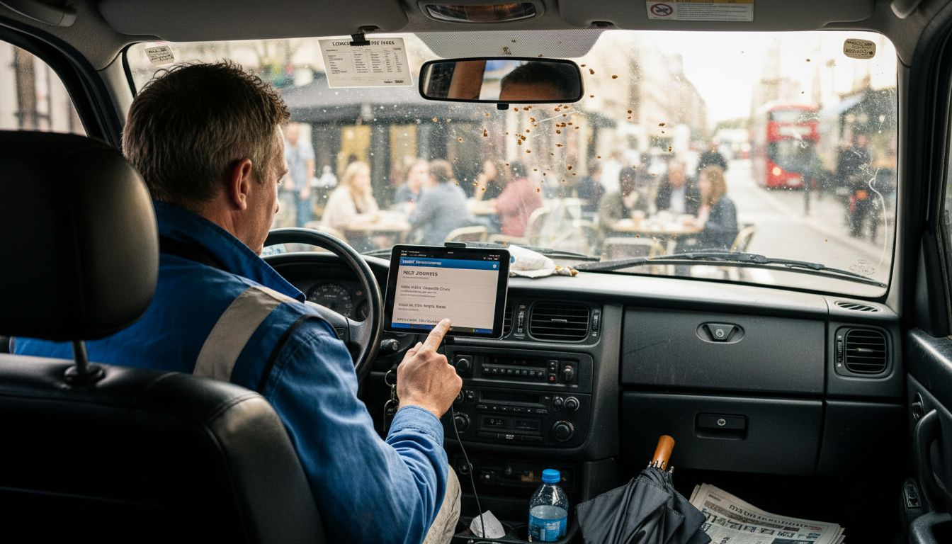 Taxi driver using booking portal in cab