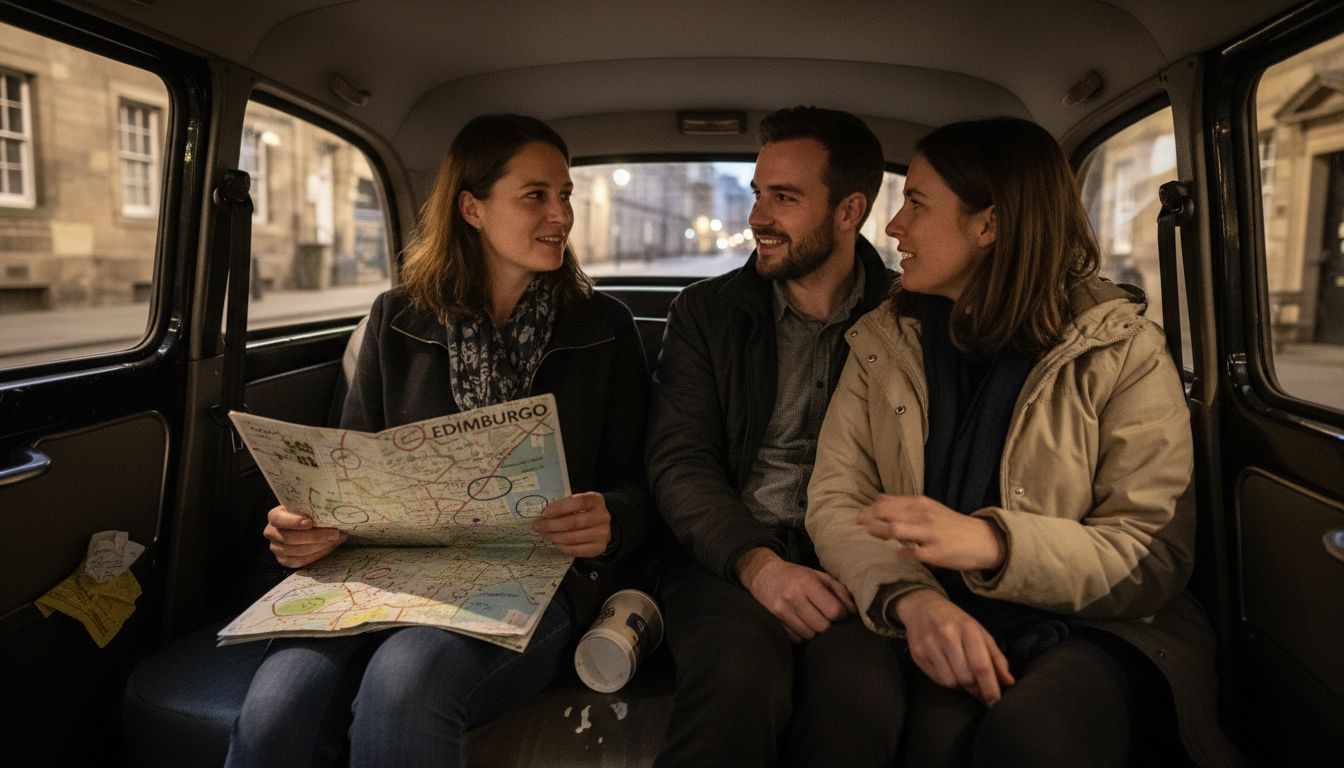 Viajeros disfrutando de un trayecto en uno de los emblemáticos taxis negros de Edimburgo