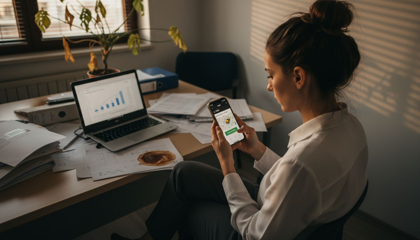 Ejecutivo gestionando su traslado en taxi desde la oficina a través de una aplicación móvil