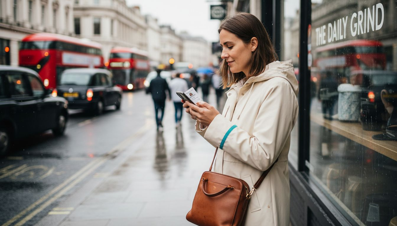 Woman verifying taxi info curbside in city