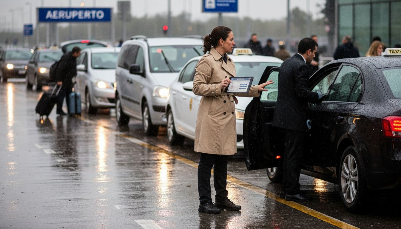Encargado de taxis en el aeropuerto gestionando la fila de vehículos para los pasajeros.