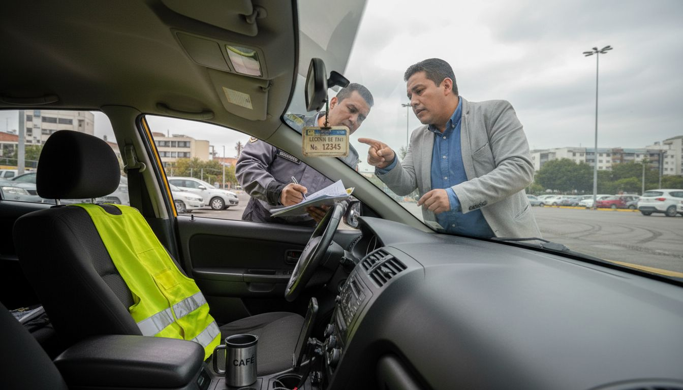 El taxista le muestra su licencia al inspector durante una revisión.