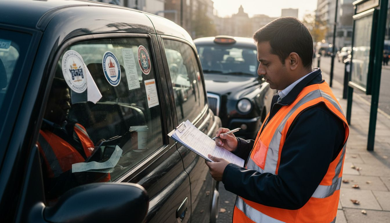 Inspector checks taxi credentials roadside