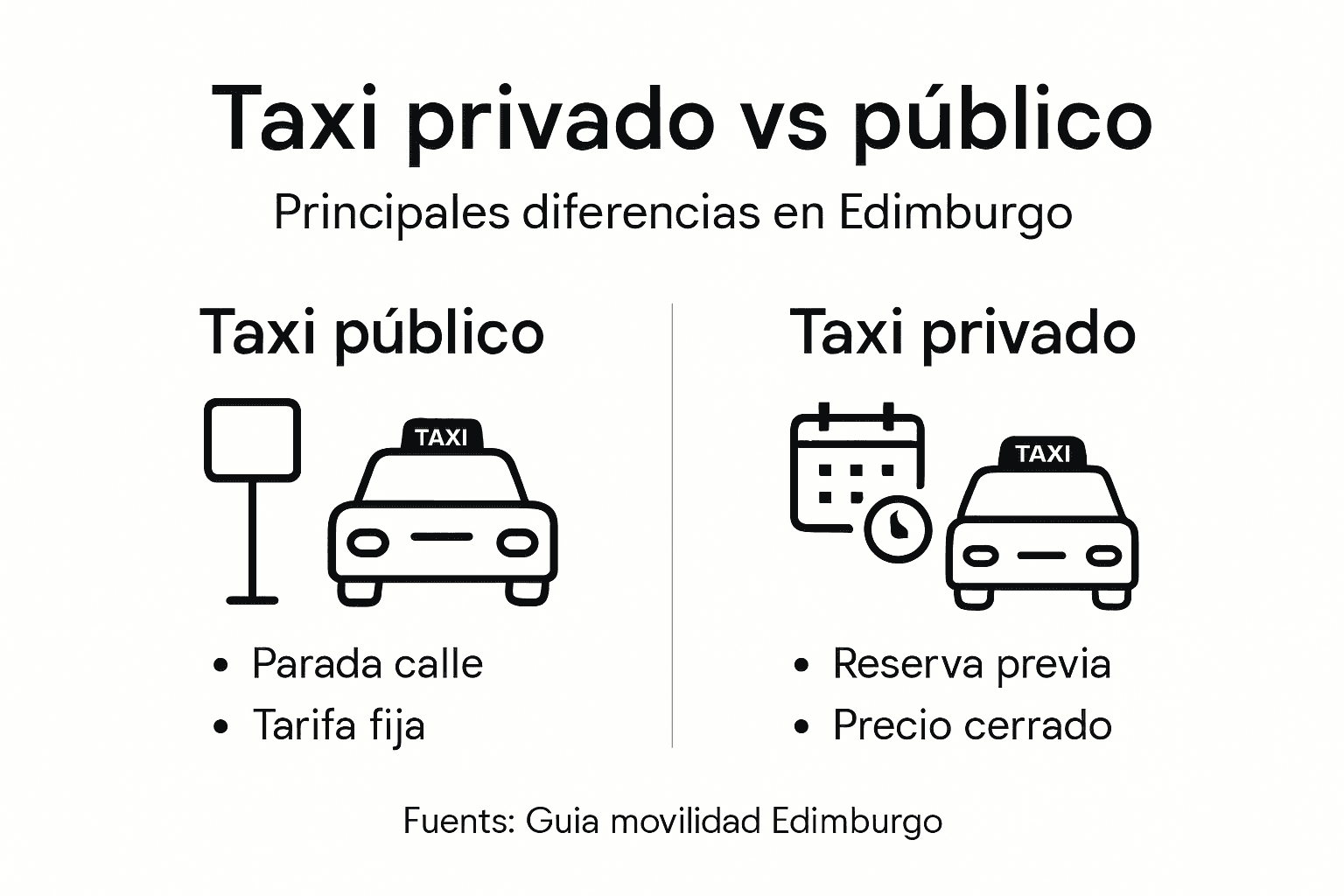 Guía visual sobre taxis tradicionales y privados en Edimburgo