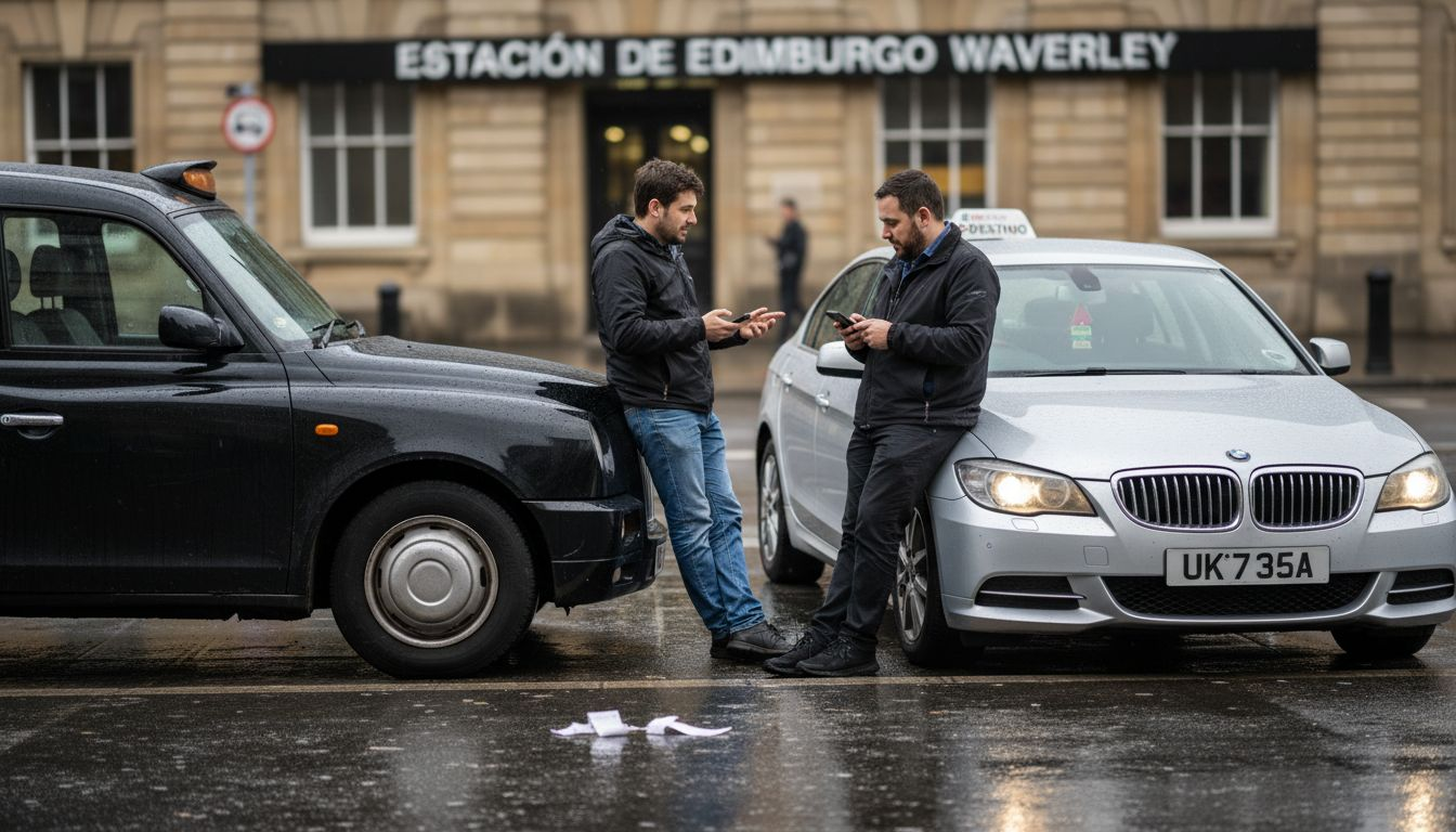 Un taxi negro y un coche de alquiler esperando en la fila de taxis de Edimburgo.