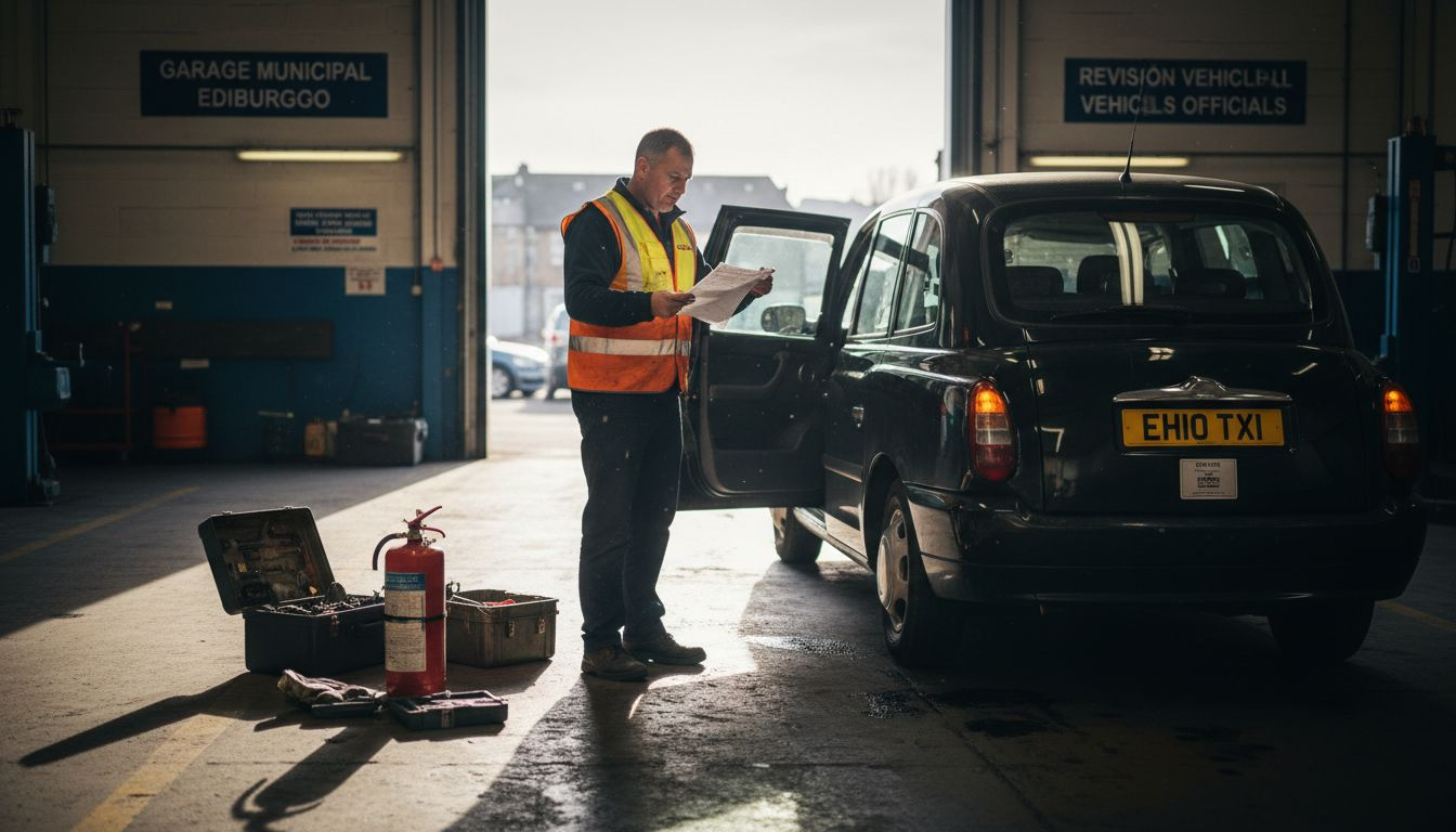 Un inspector realiza una revisión a un taxi dentro del garaje municipal.