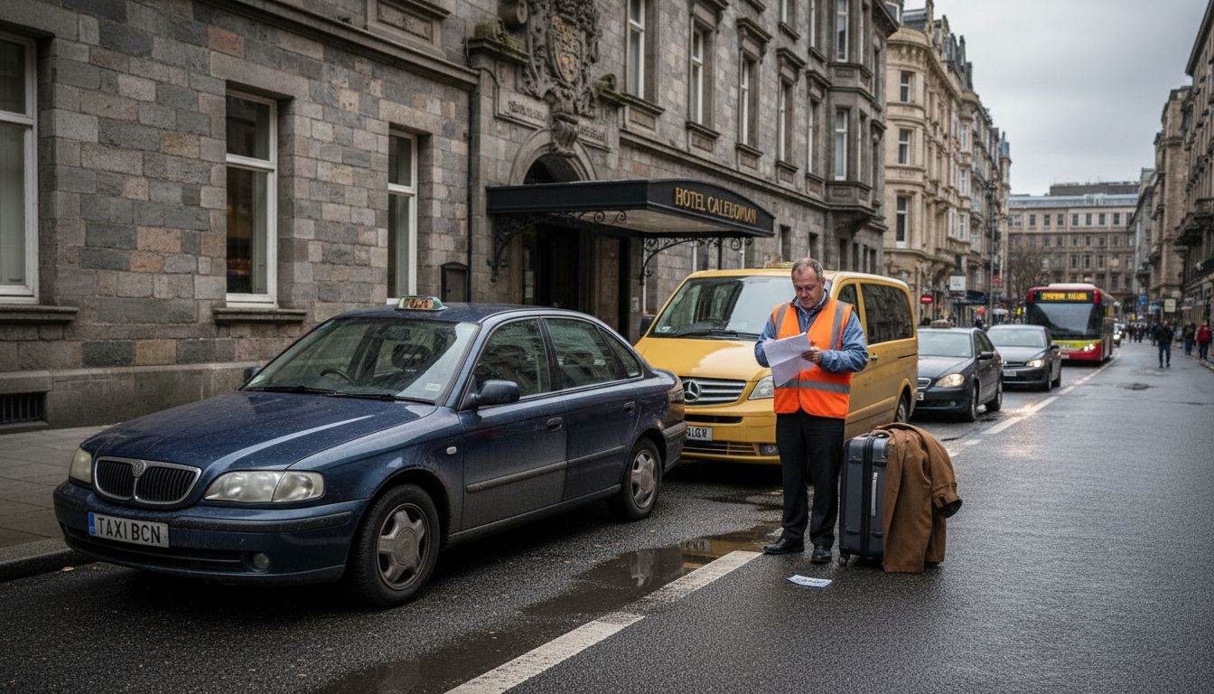 Diversos tipos de taxis esperando frente al hotel en Edimburgo