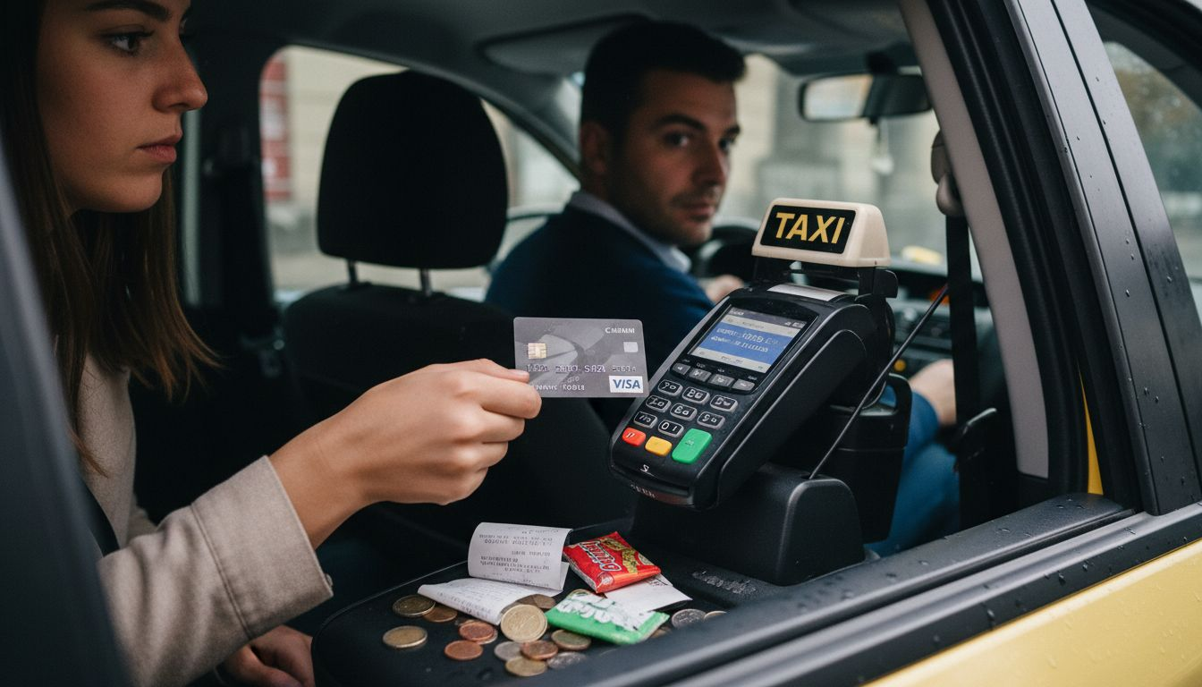 Mujer pagando el taxi con tarjeta contactless