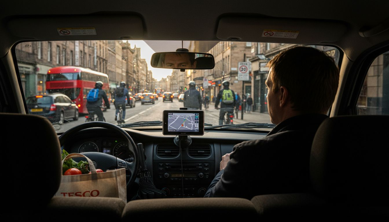 Un taxi se abre paso por el entramado de calles del casco histórico.