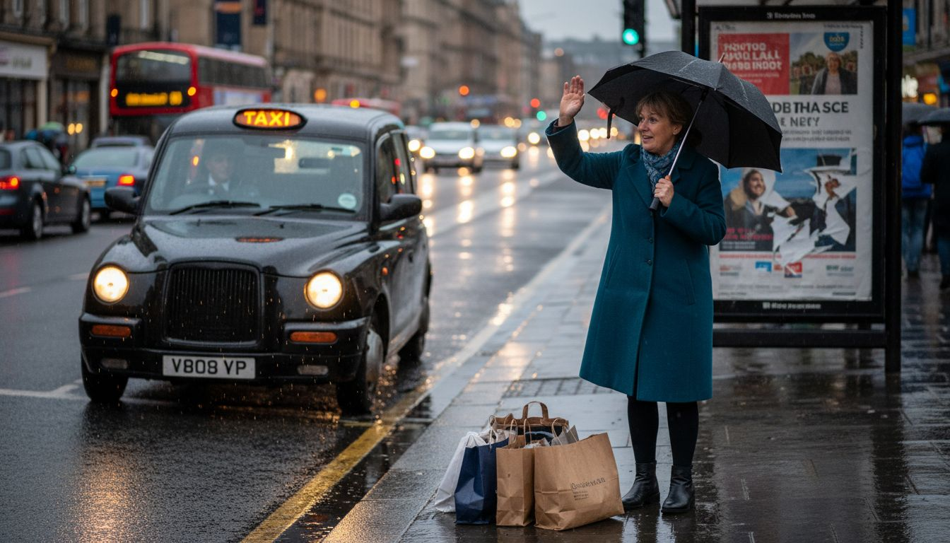Woman hailing Hackney cab in Edinburgh