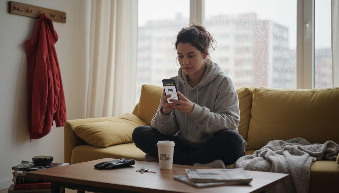 Una mujer recibe una notificación de la aplicación de taxis mientras está en casa.