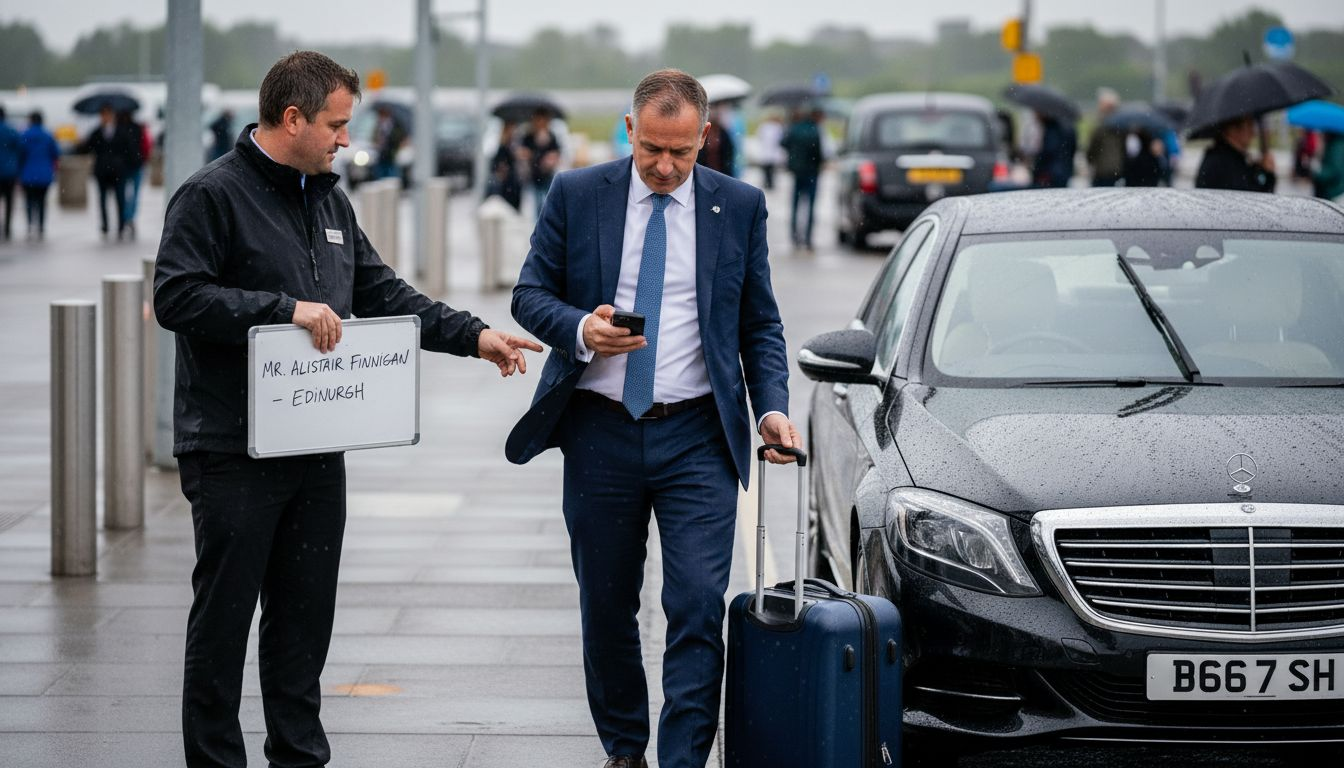 Business traveler greeted by airport transfer driver
