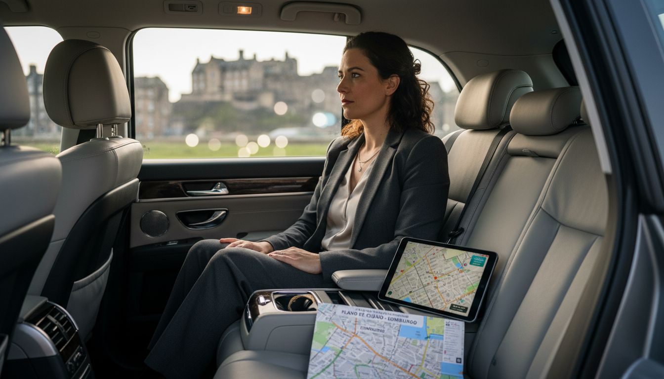 Asiento trasero de taxi ejecutivo con pasajero y todos sus detalles