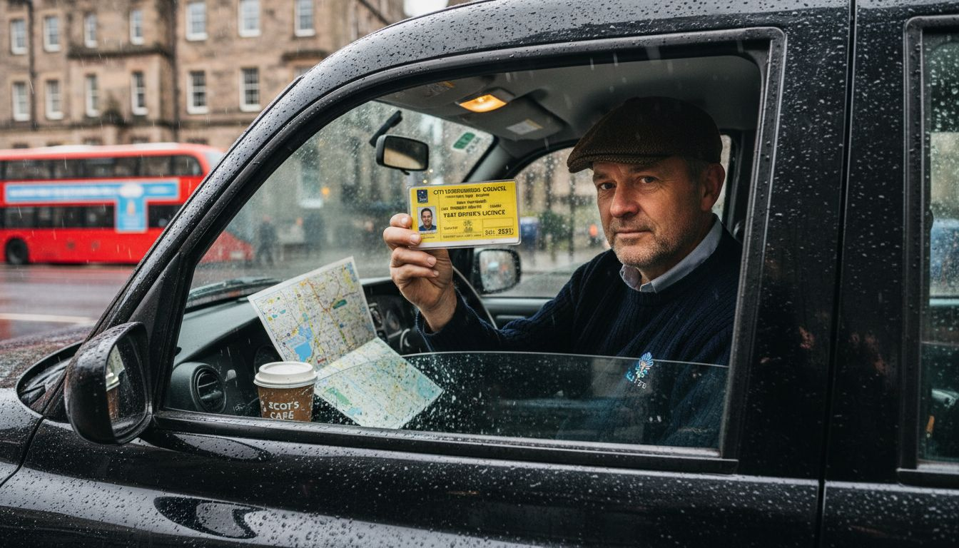 Taxi driver showing license through window
