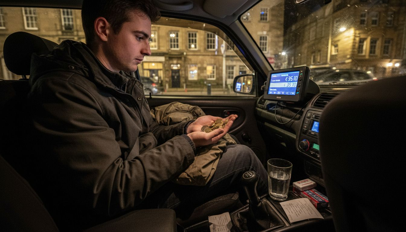 Un pasajero observa atento el taxímetro mientras recorre Edimburgo de noche.