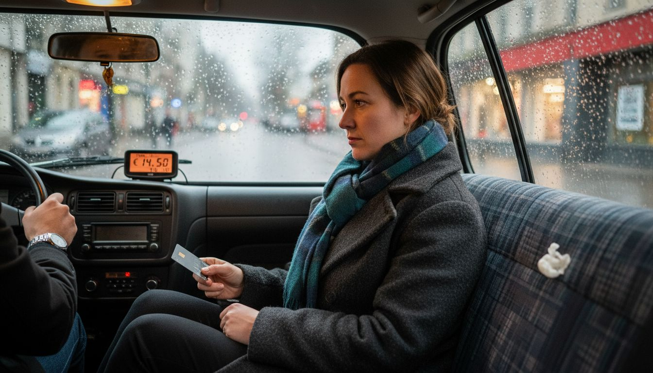 Una pasajera observa atentamente el taxímetro mientras viaja en taxi.