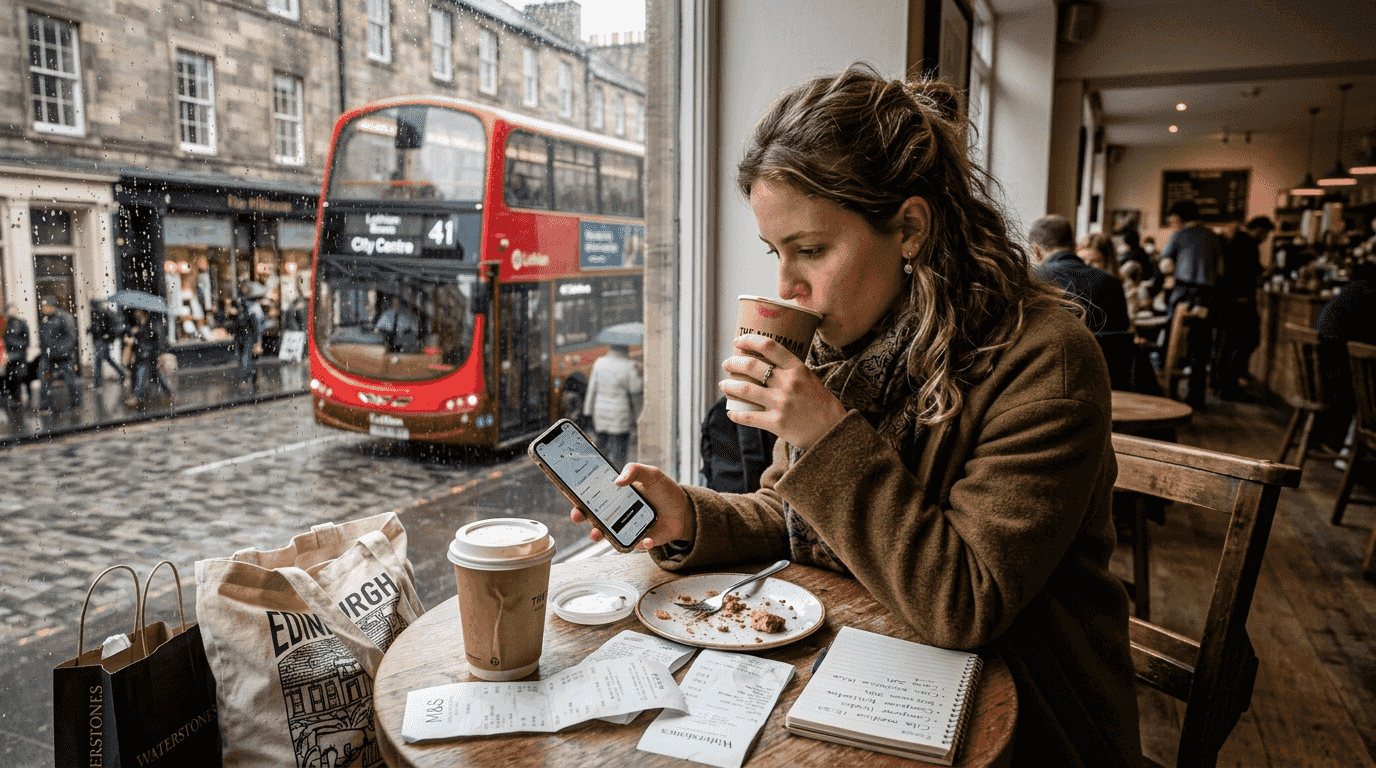 Mujer revisando y comparando aplicaciones de taxis en su móvil