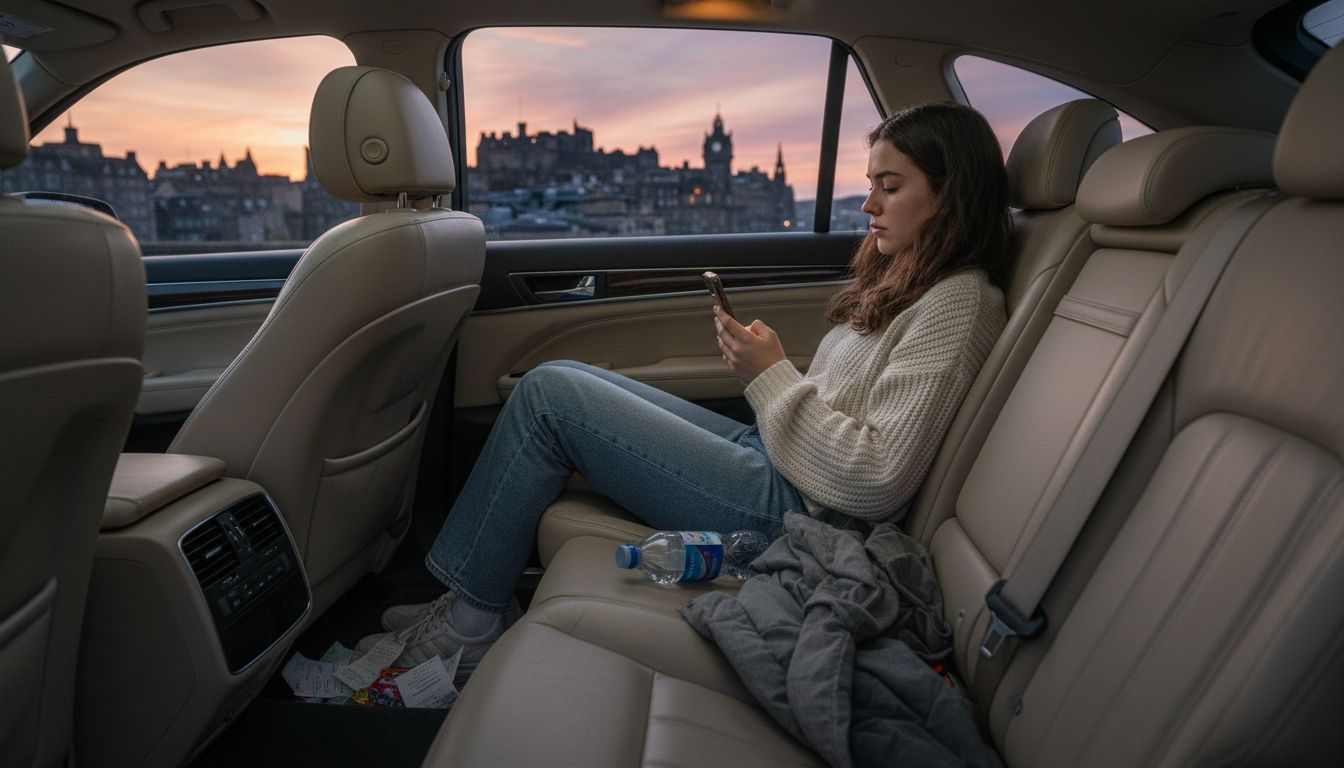Interior de un taxi de alta gama con una pasajera consultando su móvil