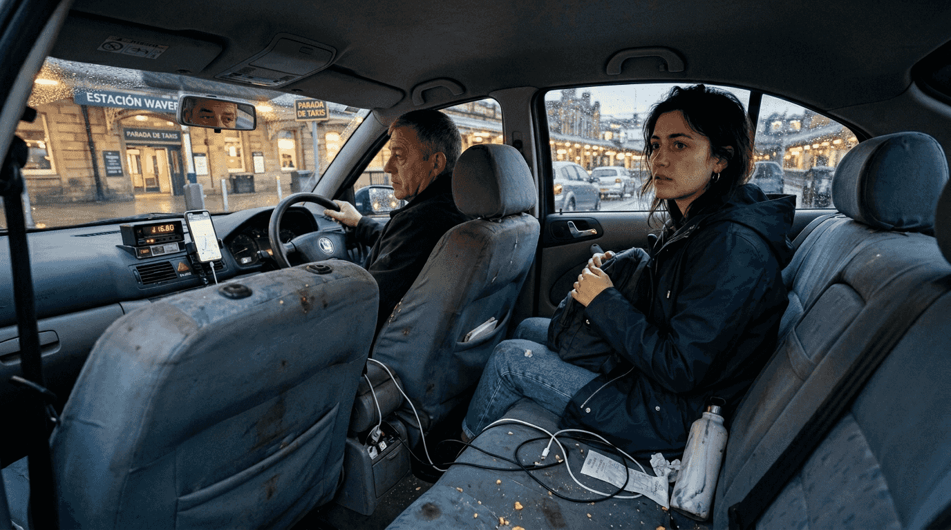 Un turista, visiblemente nervioso, observa a su alrededor mientras viaja en un taxi viejo y descuidado.