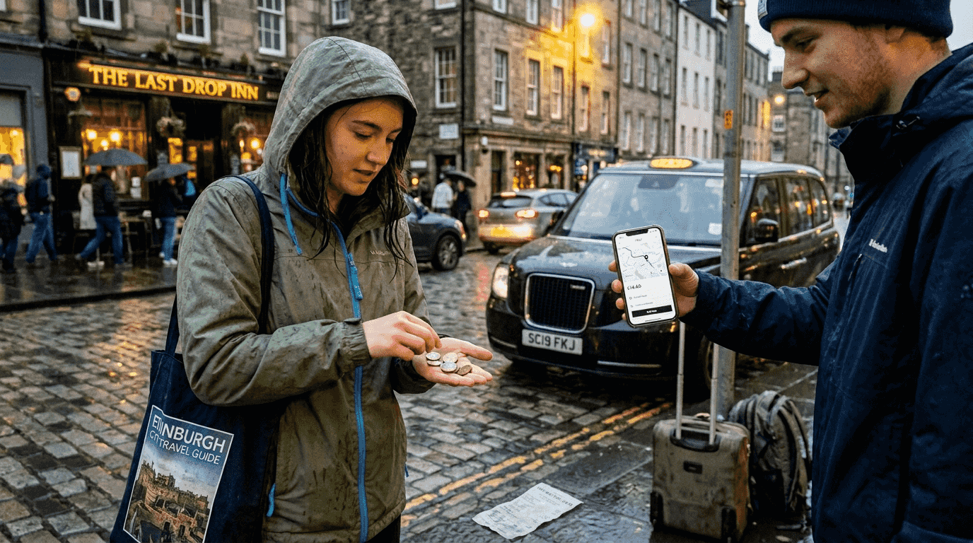 Travellers splitting taxi fare at night