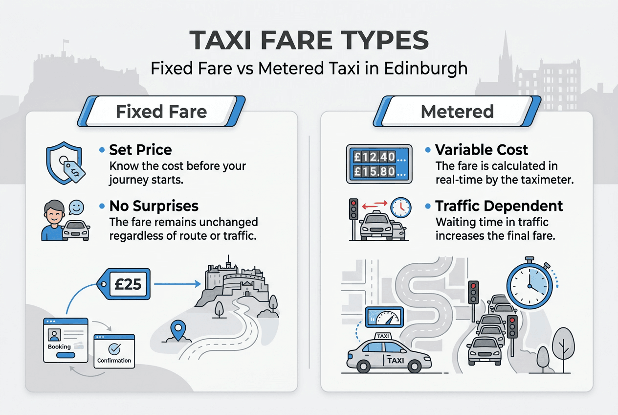 Infographic comparing fixed fare and metered taxis