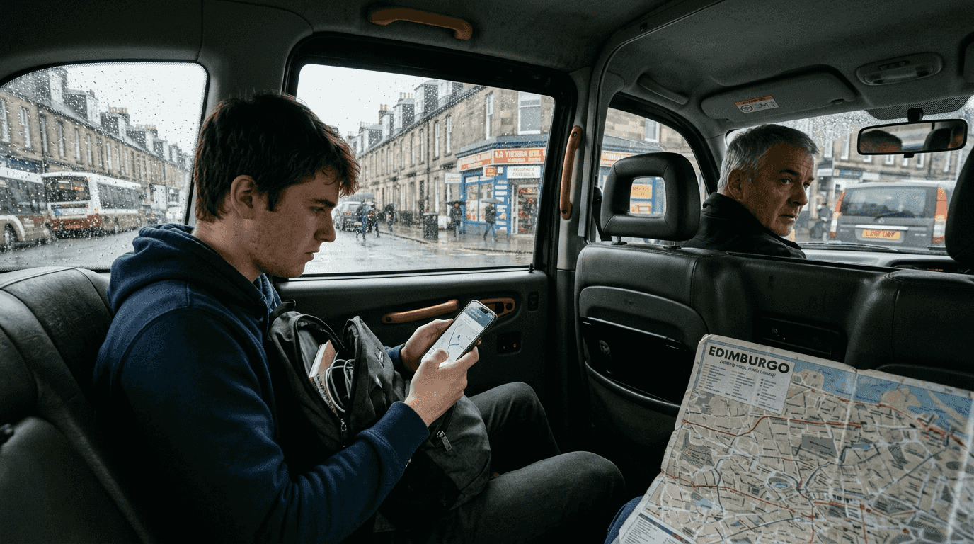 Un pasajero de taxi mira por la ventana mientras revisa el trayecto en su móvil, preocupado porque el conductor toma un camino que no conoce, todo esto bajo la lluvia.