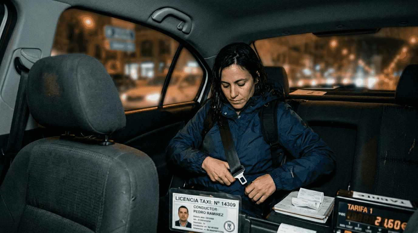 Mujer comprueba las medidas de seguridad antes de subir a un taxi en Edimburgo