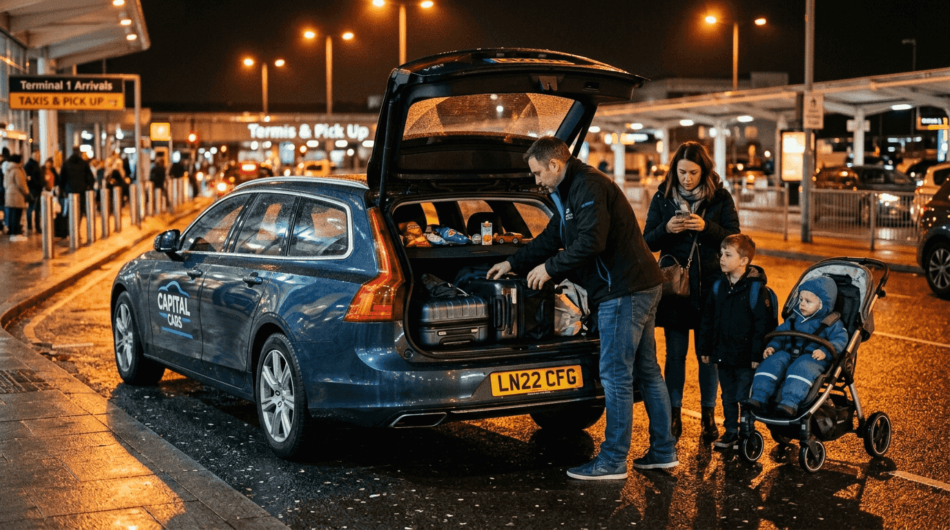 Family boarding private airport transfer at night