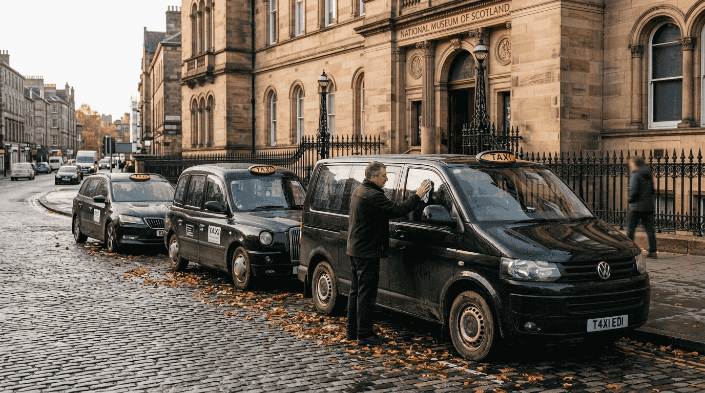 Una fila de taxis aparcados junto al museo en Edimburgo