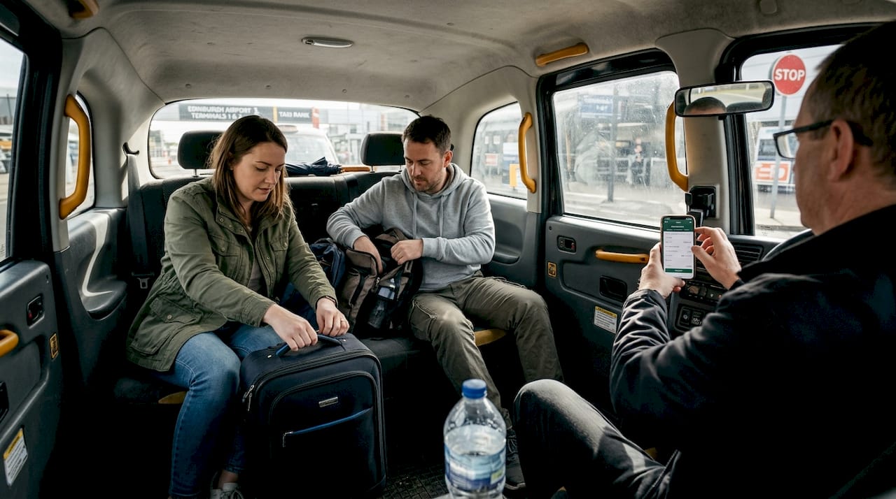 Passengers arranging luggage inside saloon taxi