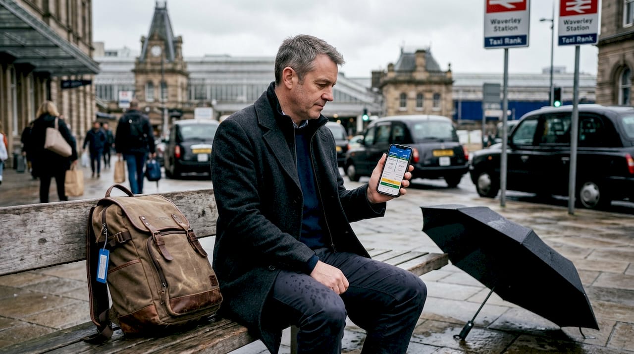 Traveler comparing taxi fares on mobile apps