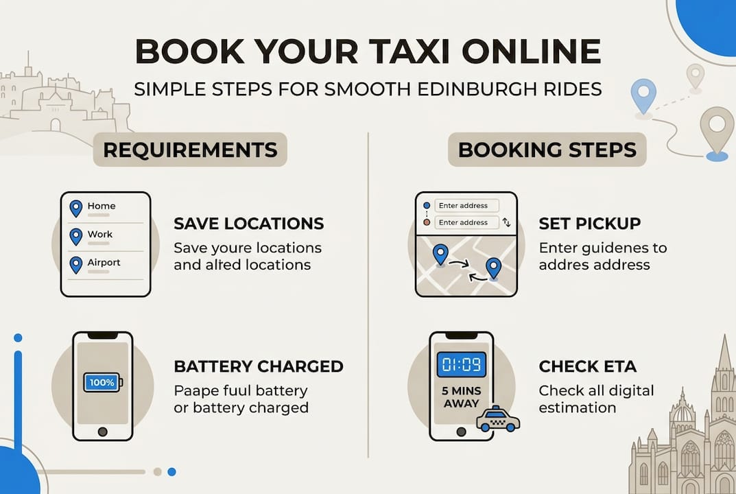 Infographic showing taxi booking steps and essentials