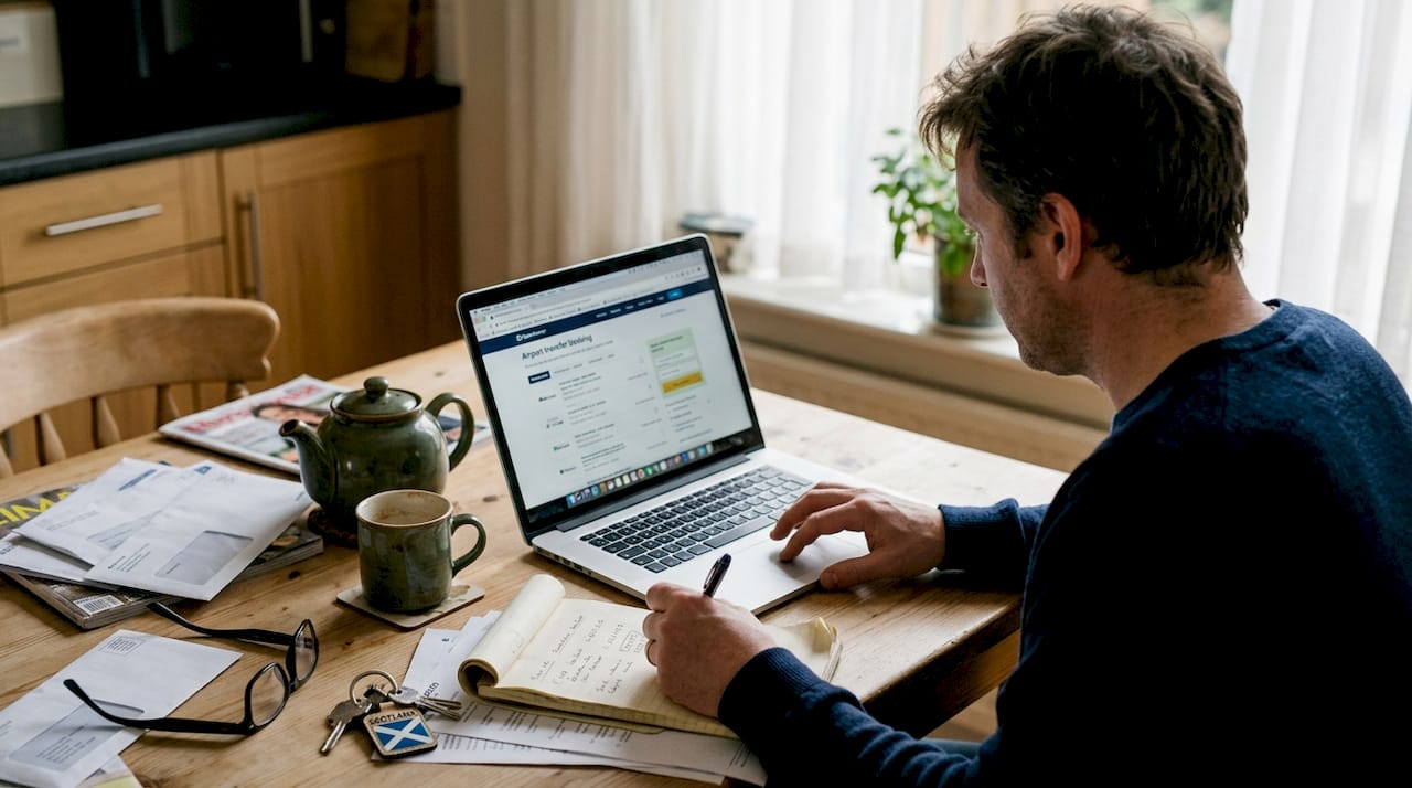 Un hombre reserva el traslado al aeropuerto mientras está sentado en la mesa de la cocina.