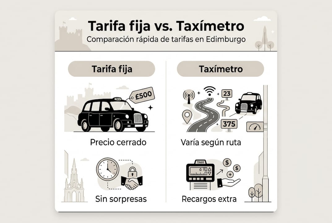Infografía que muestra las diferencias entre tarifa fija y cobro por taxímetro