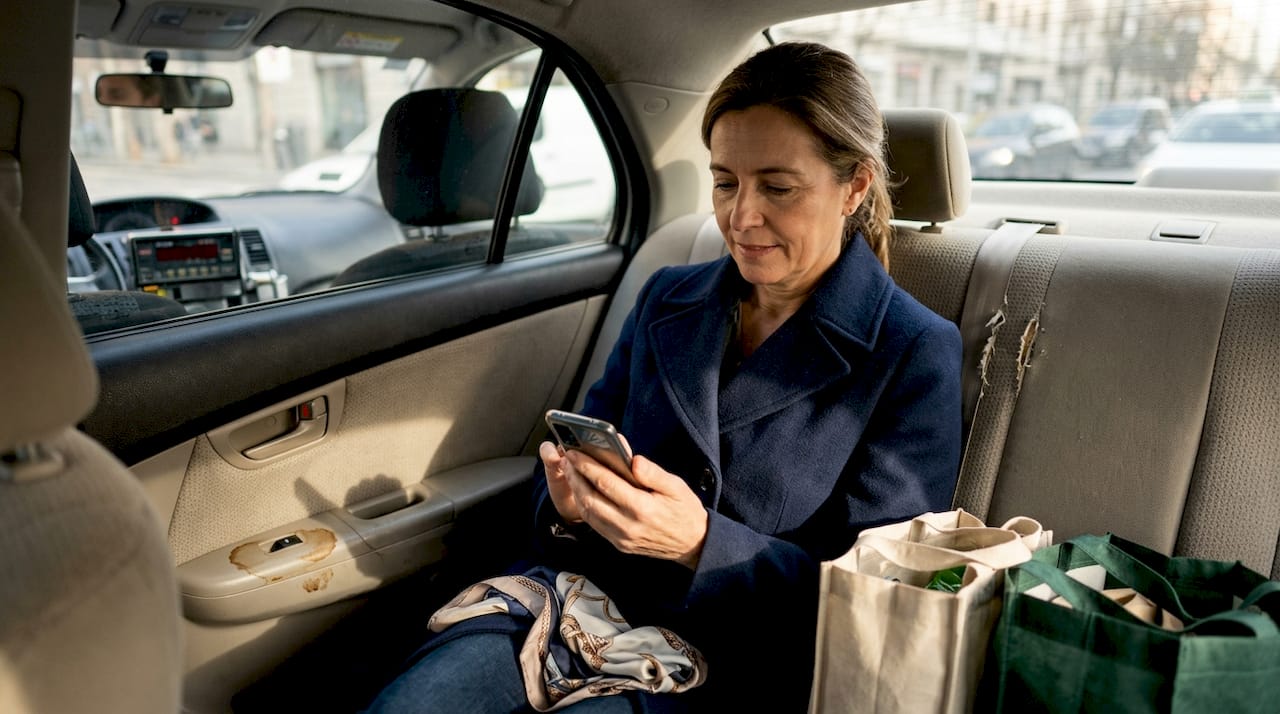 El pasajero revisa su reserva para asegurarse de obtener el mejor precio en el viaje en taxi.