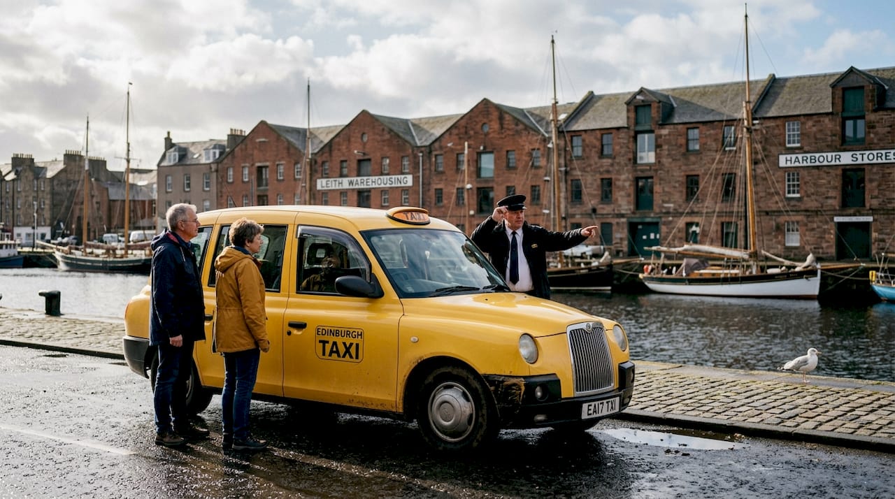 Unos turistas esperan su taxi en el puerto de Leith, en Edimburgo.