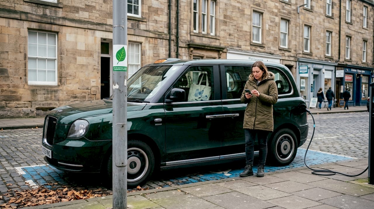 Electric taxi charging in Edinburgh street scene