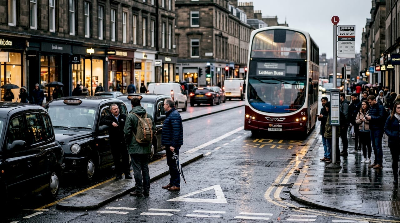 Una calle de Edimburgo con taxis y un autobús urbano