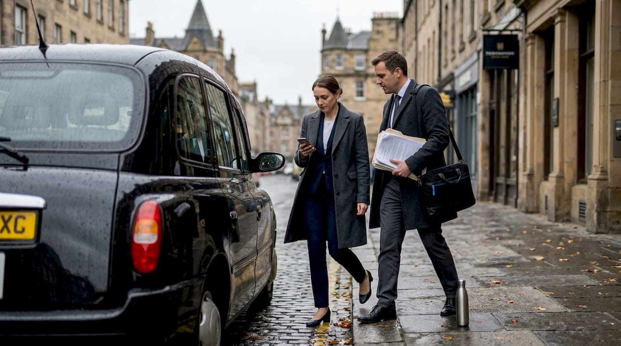 Professionals boarding taxi on Edinburgh street