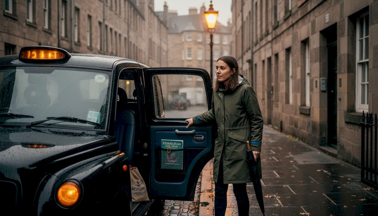 Passenger entering local taxi with umbrella