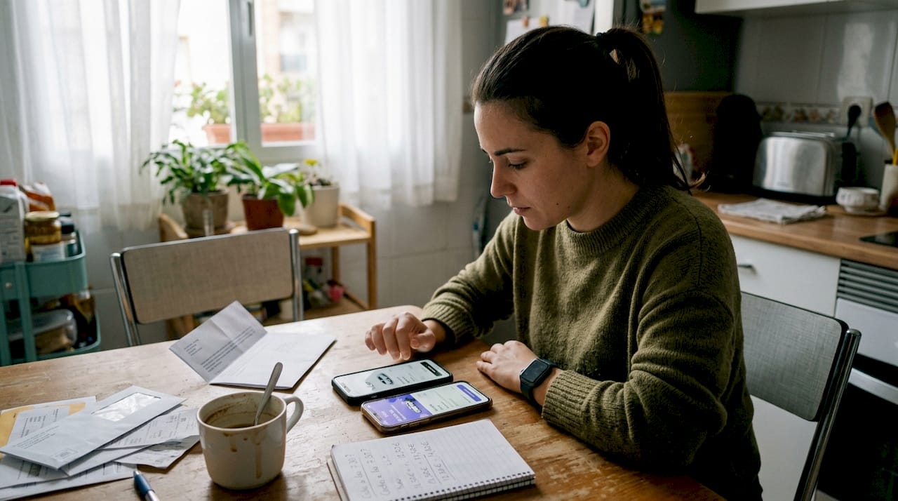 Una mujer revisa y compara precios de taxis mientras está sentada en la mesa de la cocina.