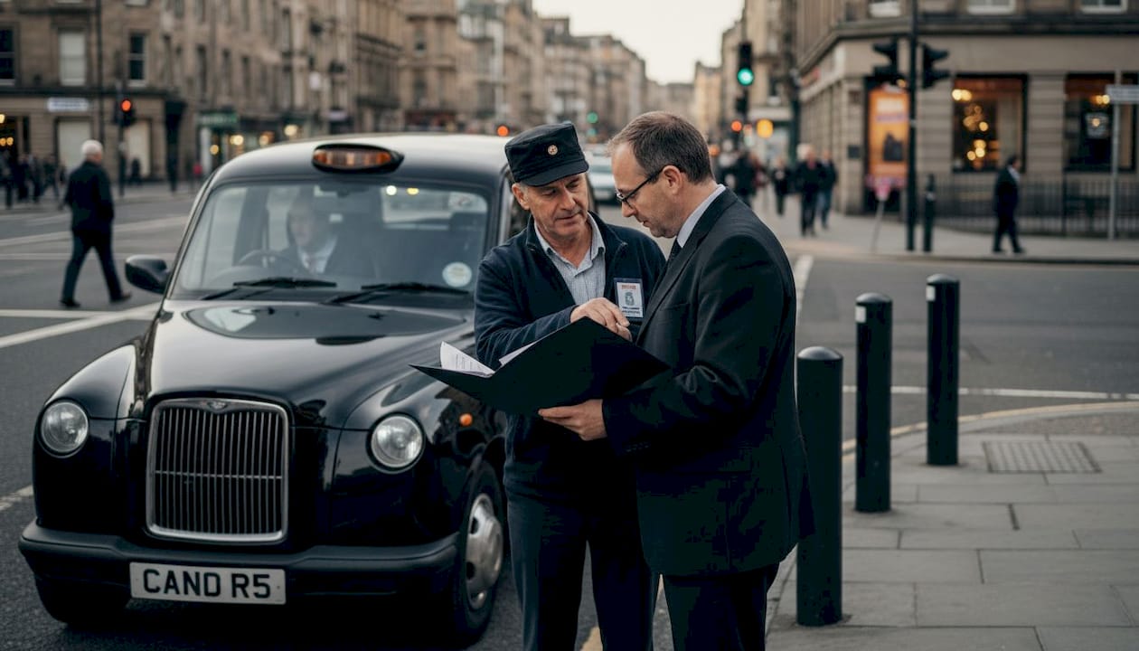 Un inspector verifica la documentación de un taxi en Edimburgo.