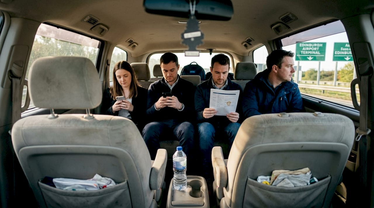 Team sharing minivan taxi to airport