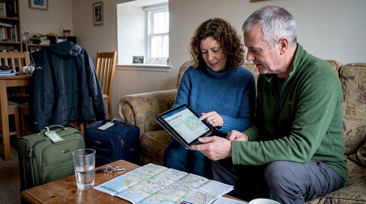 Una pareja analiza las mejores opciones de taxis para grupos en Edimburgo